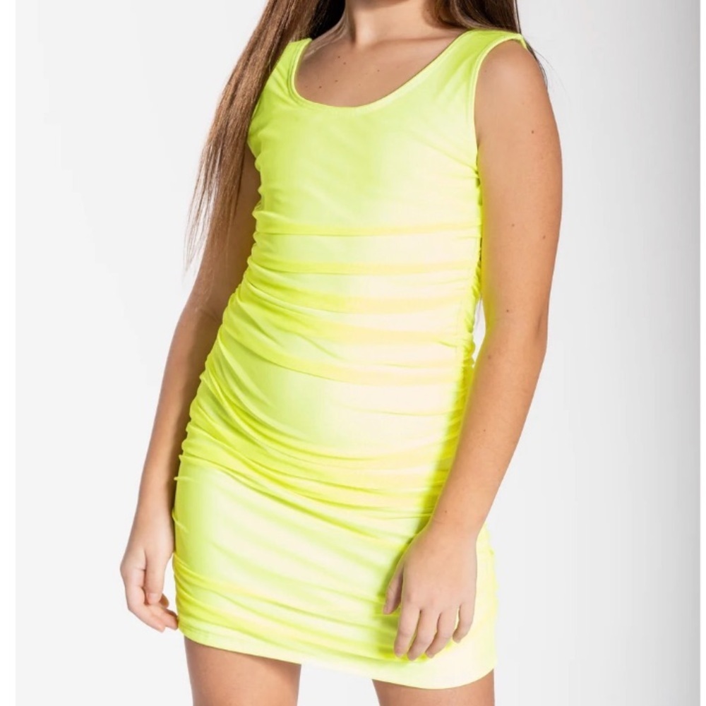 Cheryl’s Kids Creations Yellow Mesh Ruched Bodycon Tank Dress